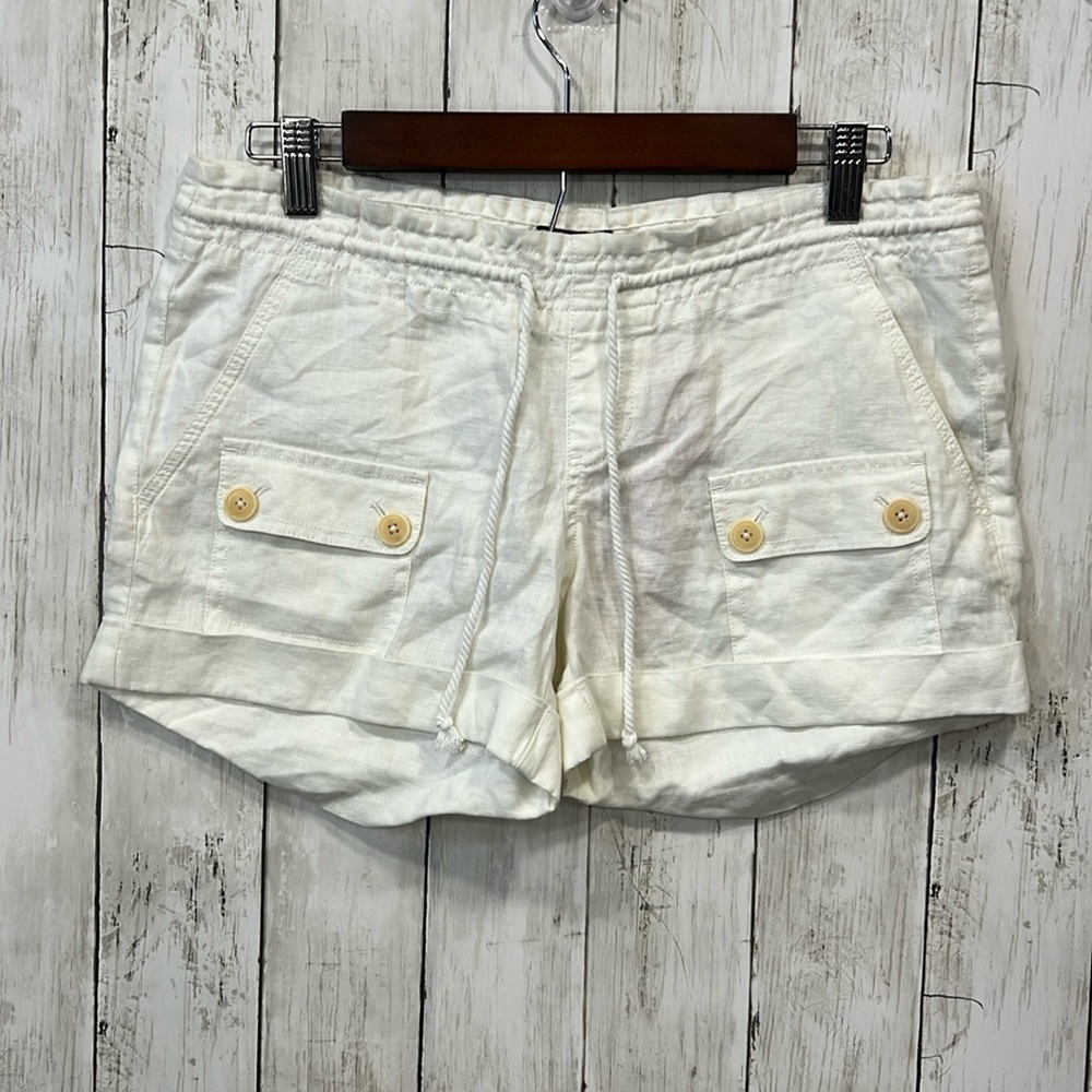 Juicy Couture Vintage Roll Cuff Linen Shorts White Size Small Drawstring Waist